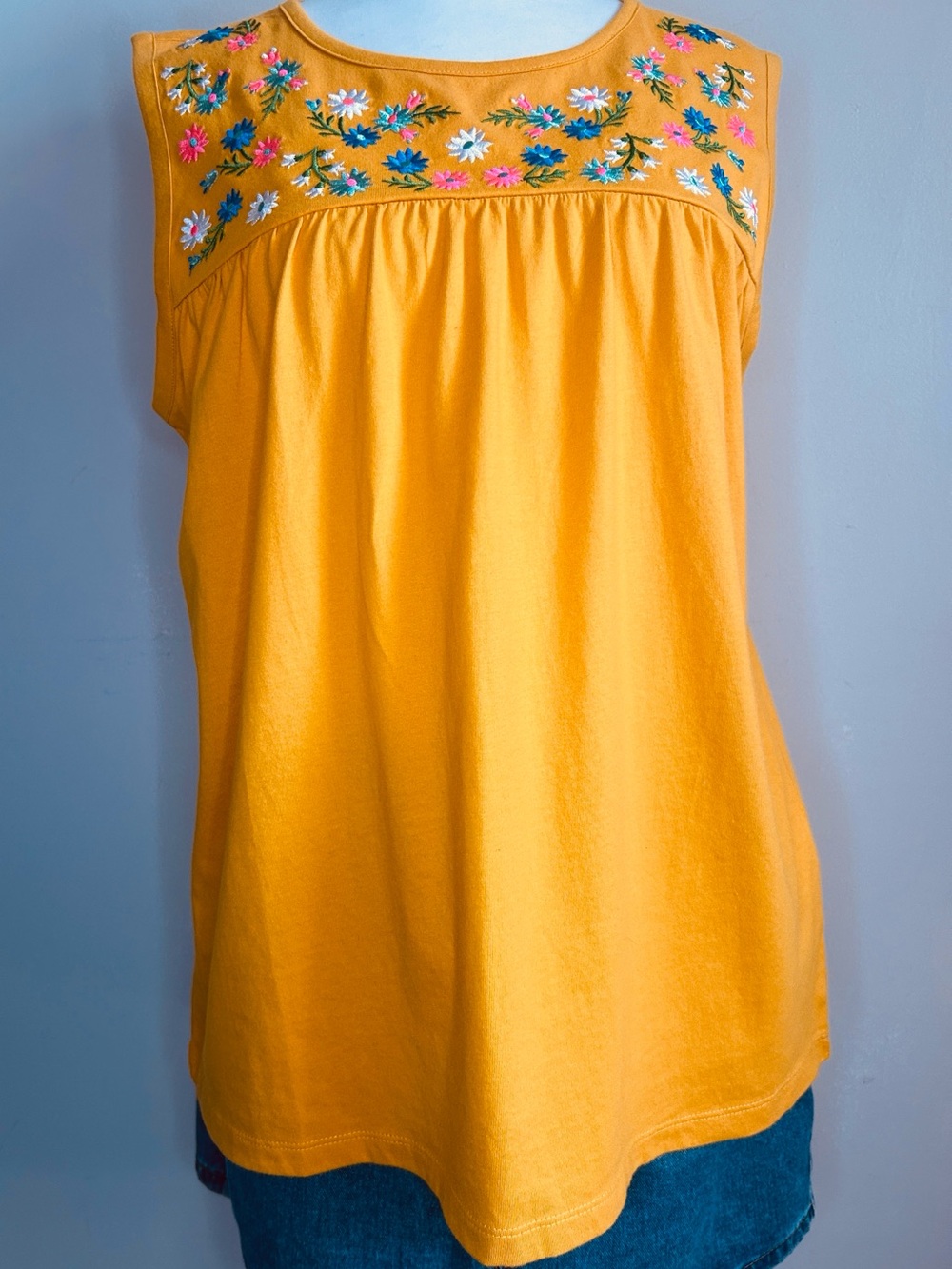 J. Crew Factory Women's Golden Yellow Embroidered Floral Yoke Sleeveless Top